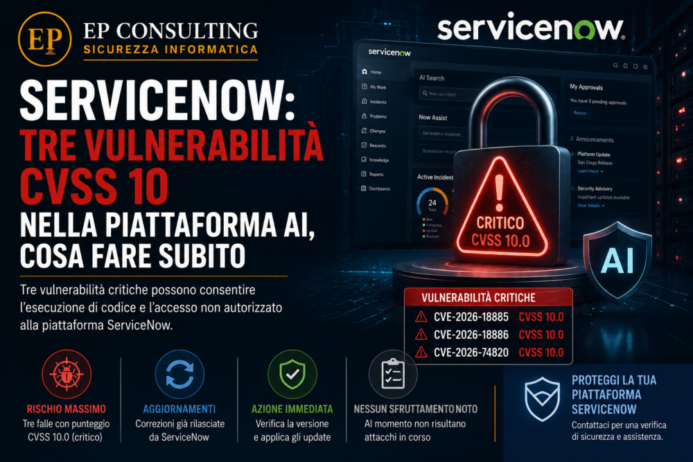 ServiceNow: tre vulnerabilità CVSS 10 nella piattaforma AI, CVE-2026-18885, CVE-2026-18886 e CVE-2026-74820 - EP Consulting