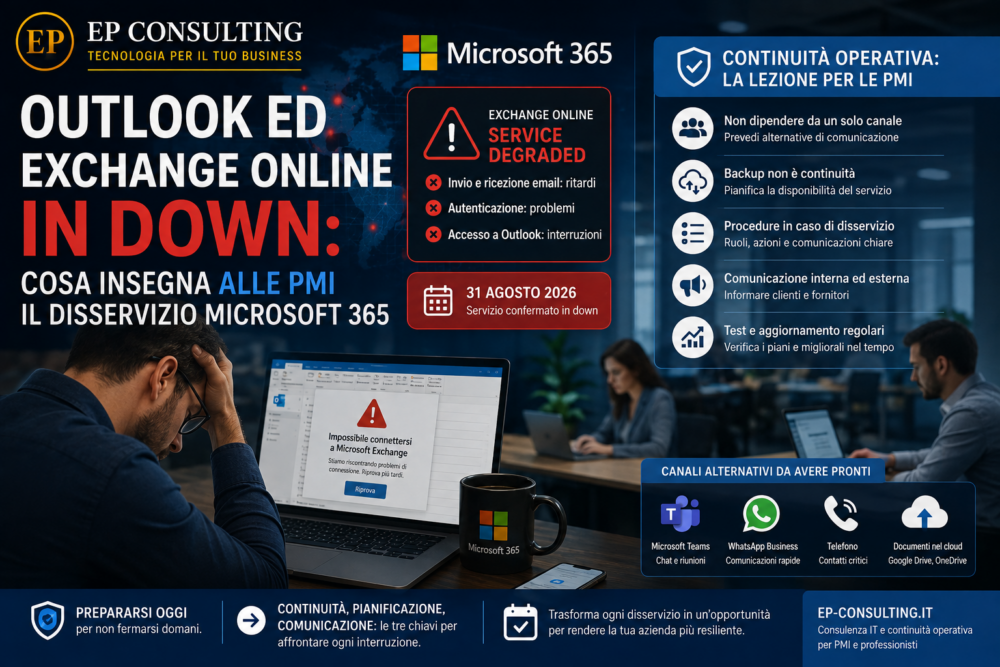 Outlook ed Exchange Online in down: disservizio Microsoft 365 e continuità operativa per le PMI