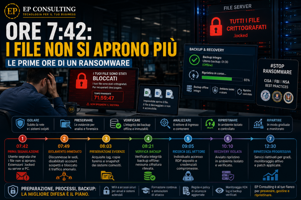 Attacco ransomware alle 7:42: file server cifrato, isolamento dei sistemi, verifica backup e ripristino controllato