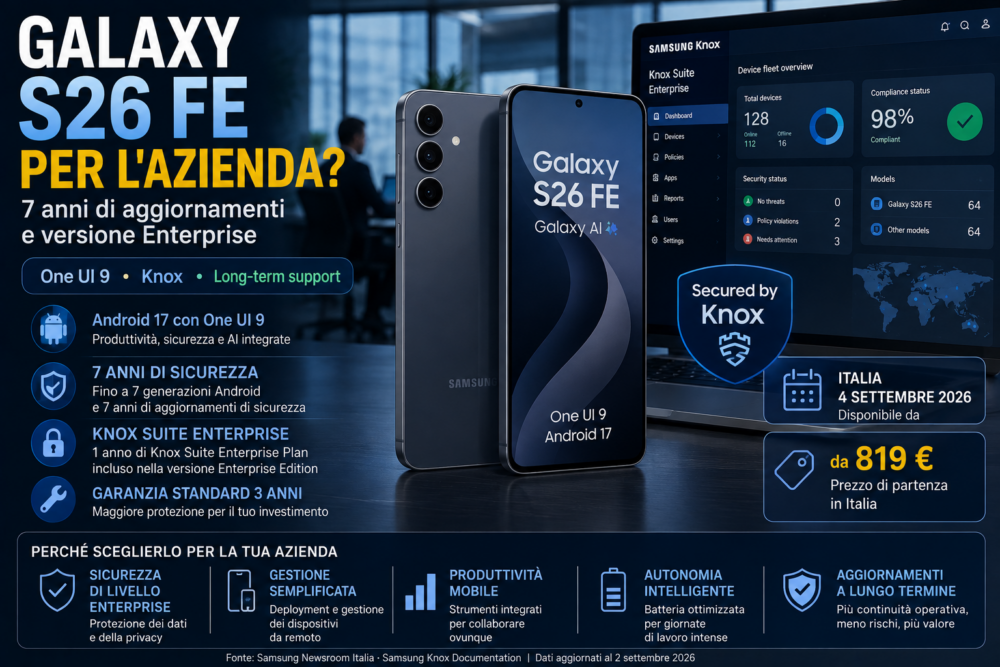 Samsung Galaxy S26 FE per uso aziendale con Android 17, One UI 9, Knox e sette anni di aggiornamenti di sicurezza