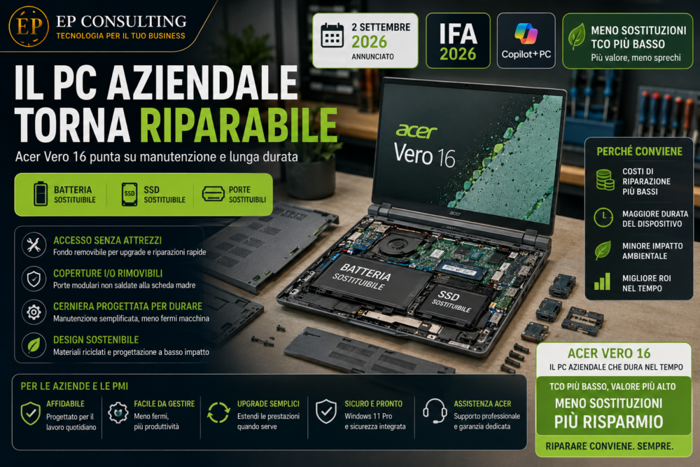 Acer Vero 16 aperto per la manutenzione con batteria SSD e porte sostituibili, PC aziendale riparabile e TCO più basso
