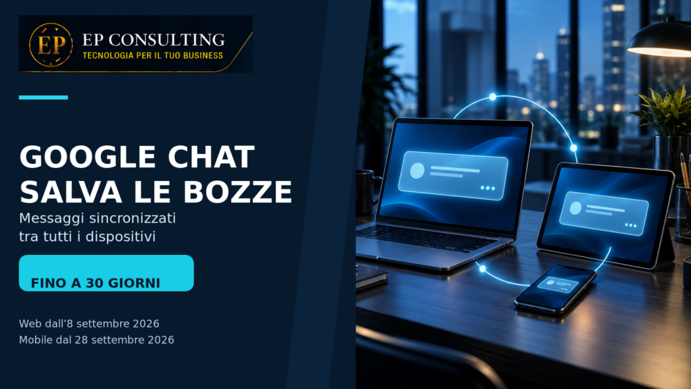 Laptop, tablet e smartphone sincronizzano una bozza di Google Chat, con callout fino a 30 giorni